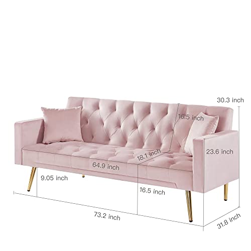 yunqishi SHIYONG 73.2" Velvet Futon Sofa Bed for Living Room, Convertible 3 Adjustable Couch Loveseat with Gold Metal Legs for Small Space (Pink)