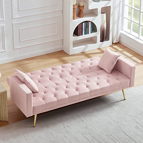 yunqishi SHIYONG 73.2" Velvet Futon Sofa Bed for Living Room, Convertible 3 Adjustable Couch Loveseat with Gold Metal Legs for Small Space (Pink)