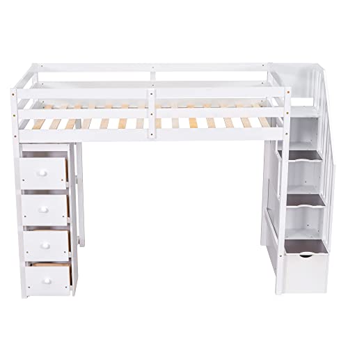 CITYLIGHT Twin Size Loft Bed with Storage Drawers and Stairs, Wooden Twin Loft Bed with Storage Shelves, High Loft Bed Twin for Kids, Teens, Boys & Girls (White)