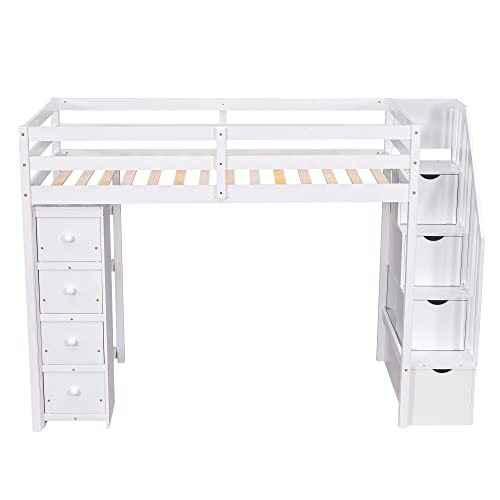 CITYLIGHT Twin Size Loft Bed with Storage Drawers and Stairs, Wooden Twin Loft Bed with Storage Shelves, High Loft Bed Twin for Kids, Teens, Boys & Girls (White)