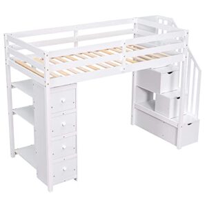 CITYLIGHT Twin Size Loft Bed with Storage Drawers and Stairs, Wooden Twin Loft Bed with Storage Shelves, High Loft Bed Twin for Kids, Teens, Boys & Girls (White)