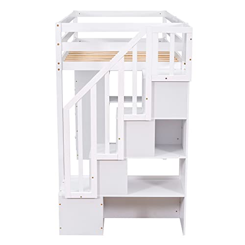 CITYLIGHT Twin Size Loft Bed with Storage Drawers and Stairs, Wooden Twin Loft Bed with Storage Shelves, High Loft Bed Twin for Kids, Teens, Boys & Girls (White)