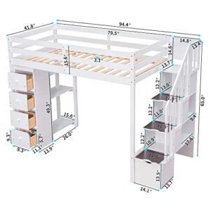 CITYLIGHT Twin Size Loft Bed with Storage Drawers and Stairs, Wooden Twin Loft Bed with Storage Shelves, High Loft Bed Twin for Kids, Teens, Boys & Girls (White)