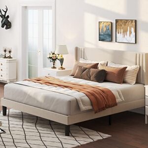 gizoon queen bed frame with wingback headboard, upholstered platform bed with modern geometric headboard, wooden slats, noise-free, no box spring needed