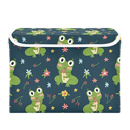 Kigai Cute Frogs Storage Basket with Lid Collapsible Storage Bin Fabric Box Closet Organizer for Home Bedroom Office 1 Pack