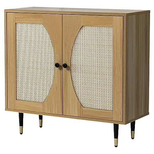 4ever2buy Rattan Buffet Cabinet Sideboard with Storage, Kitchen Accent Cabinet with Woven Natural Rattan Doors, Entryway Cabinet with Adjustable Shelves，Console Tables for Living Bedroom Dining Room