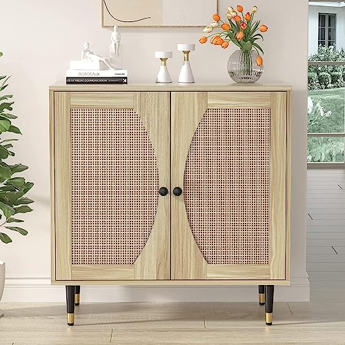 4ever2buy Rattan Buffet Cabinet Sideboard with Storage, Kitchen Accent Cabinet with Woven Natural Rattan Doors, Entryway Cabinet with Adjustable Shelves，Console Tables for Living Bedroom Dining Room