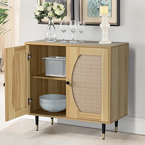 4ever2buy Rattan Buffet Cabinet Sideboard with Storage, Kitchen Accent Cabinet with Woven Natural Rattan Doors, Entryway Cabinet with Adjustable Shelves，Console Tables for Living Bedroom Dining Room