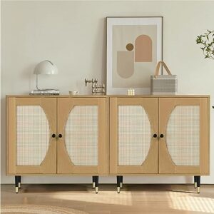 4ever2buy Rattan Buffet Cabinet Sideboard with Storage, Kitchen Accent Cabinet with Woven Natural Rattan Doors, Entryway Cabinet with Adjustable Shelves，Console Tables for Living Bedroom Dining Room