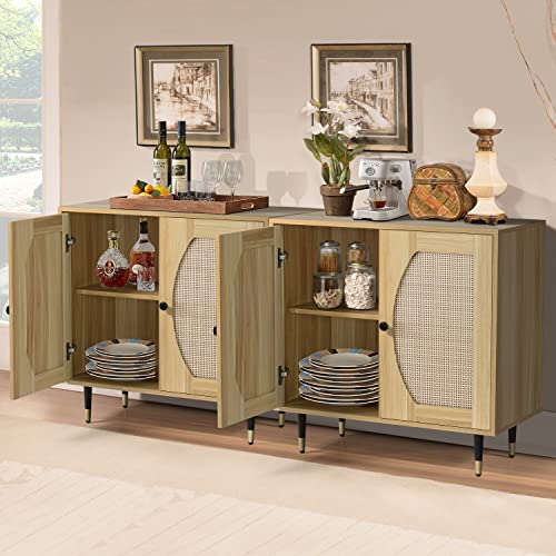 4ever2buy Rattan Buffet Cabinet Sideboard with Storage, Kitchen Accent Cabinet with Woven Natural Rattan Doors, Entryway Cabinet with Adjustable Shelves，Console Tables for Living Bedroom Dining Room