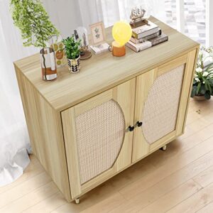 4ever2buy Rattan Buffet Cabinet Sideboard with Storage, Kitchen Accent Cabinet with Woven Natural Rattan Doors, Entryway Cabinet with Adjustable Shelves，Console Tables for Living Bedroom Dining Room