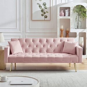 hansones velvet futon sofa bed,sleeper sofa couch with two pillows and golden metal legs for living room (pink)