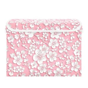 kigai storage basket pink flower storage boxes with lids and handle, large storage cube bin collapsible for shelves closet bedroom living room, 16.5x12.6x11.8 in