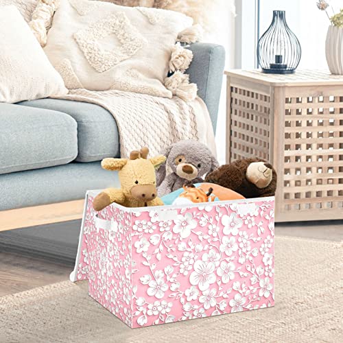 Kigai Storage Basket Pink Flower Storage Boxes with Lids and Handle, Large Storage Cube Bin Collapsible for Shelves Closet Bedroom Living Room, 16.5x12.6x11.8 In