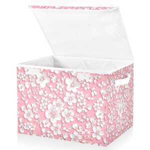 Kigai Storage Basket Pink Flower Storage Boxes with Lids and Handle, Large Storage Cube Bin Collapsible for Shelves Closet Bedroom Living Room, 16.5x12.6x11.8 In