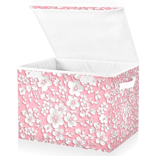 Kigai Storage Basket Pink Flower Storage Boxes with Lids and Handle, Large Storage Cube Bin Collapsible for Shelves Closet Bedroom Living Room, 16.5x12.6x11.8 In