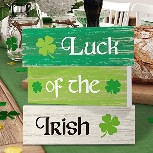 Whaline St. Patrick's Day Decor 3-layered Green Shamrock Wood Block St. Patricks Decorations Luck of the Irish Prints Wood Sign Tiered Tray Table Decorations for Home Living Room Mantle Dining Table, 3Pcs