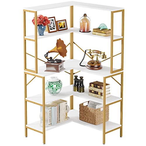 Tribesigns L Shaped Bookshel, 5 Tiers Corner Bookcase, 67" Tall Open Wood Storage Shelves Bookcase, Diplay Shelves, Deorative Shelf for Living Room, Kitchen