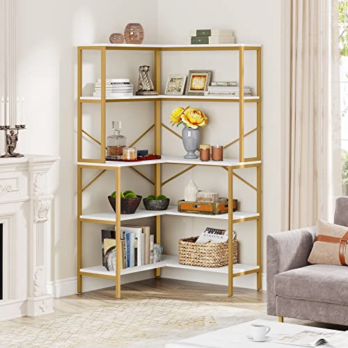 Tribesigns L Shaped Bookshel, 5 Tiers Corner Bookcase, 67" Tall Open Wood Storage Shelves Bookcase, Diplay Shelves, Deorative Shelf for Living Room, Kitchen