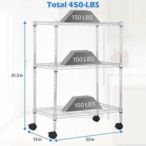 Dkelincs Wire Shelving Unit 23''L×13''W×31''H NSF Metal Storage Shelves 3 Tier Height Adjustable Wire Shelf with 4 Wheels for Kitchen Office Pantry Bathroom Garage, Chrome