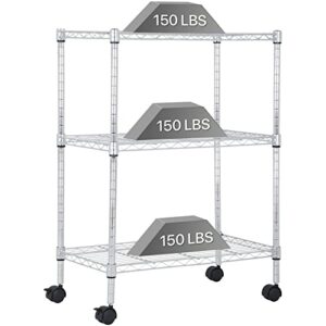 dkelincs wire shelving unit 23''l×13''w×31''h nsf metal storage shelves 3 tier height adjustable wire shelf with 4 wheels for kitchen office pantry bathroom garage, chrome