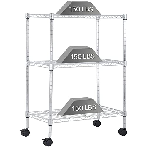 Dkelincs Wire Shelving Unit 23''L×13''W×31''H NSF Metal Storage Shelves 3 Tier Height Adjustable Wire Shelf with 4 Wheels for Kitchen Office Pantry Bathroom Garage, Chrome