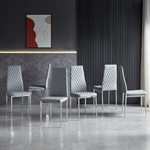 hommoo pu leather dining chairs set of 6 modern kitchen chairs with grid pattern and electroplate solid metal legs armless side chairs for home living room kitchen dining room grey