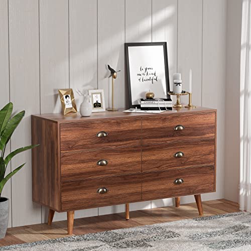 LYNSOM Dresser for Bedroom, Modern 6 Drawer Dresser with Gold Handles, Wood Chest of Drawers for Kids Bedroom, Living Room