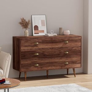 LYNSOM Dresser for Bedroom, Modern 6 Drawer Dresser with Gold Handles, Wood Chest of Drawers for Kids Bedroom, Living Room