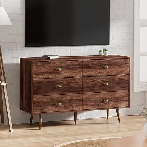 LYNSOM Dresser for Bedroom, Modern 6 Drawer Dresser with Gold Handles, Wood Chest of Drawers for Kids Bedroom, Living Room