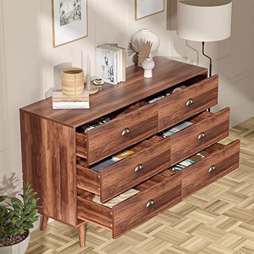 LYNSOM Dresser for Bedroom, Modern 6 Drawer Dresser with Gold Handles, Wood Chest of Drawers for Kids Bedroom, Living Room