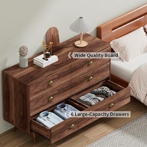 LYNSOM Dresser for Bedroom, Modern 6 Drawer Dresser with Gold Handles, Wood Chest of Drawers for Kids Bedroom, Living Room