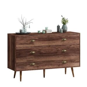 LYNSOM Dresser for Bedroom, Modern 6 Drawer Dresser with Gold Handles, Wood Chest of Drawers for Kids Bedroom, Living Room