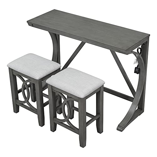 Farmhouse 3-Piece Kitchen Dining Table Set for Small Place, Counter Height Dining Table Set with USB Port and Upholstered Stools for Apartment (Grey)