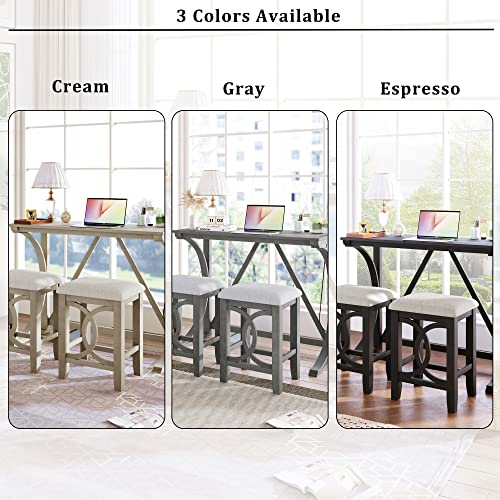 Farmhouse 3-Piece Kitchen Dining Table Set for Small Place, Counter Height Dining Table Set with USB Port and Upholstered Stools for Apartment (Grey)
