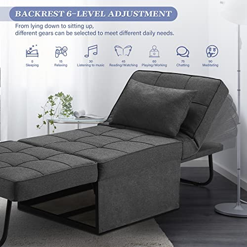 Saemoza Sleeper Sofa Bed, 4 in 1 Multi Function Single Folding Ottoman Bed, Modern Sleeper Convertible Chair Adjustable Backrest Small Couch Bed for Living Room/Small Apartment, Deep Grey