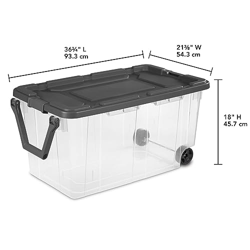 AVSAN Wheeled Industrial Tote Plastic Storage Box with Durable Lid 40 Gallon /151 Liter Rolling Storage Bins with Lids & Base w/Racer Red Handle & Latches, Black， 2-Pack