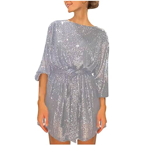 Summer Dress, Black Long Sleeve Dress Women Plus Size Dress for with Pockets Women's Fashion Loose Straight Sequin Glitter Dress Party Beaded Dress The Little Dress Sleeveless (M, Silver)