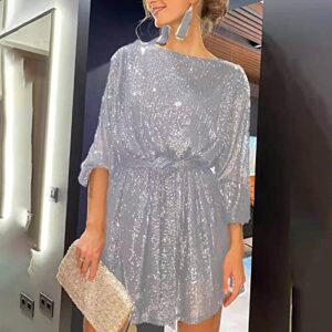 Summer Dress, Black Long Sleeve Dress Women Plus Size Dress for with Pockets Women's Fashion Loose Straight Sequin Glitter Dress Party Beaded Dress The Little Dress Sleeveless (M, Silver)