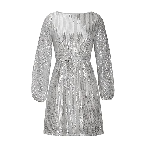 Summer Dress, Black Long Sleeve Dress Women Plus Size Dress for with Pockets Women's Fashion Loose Straight Sequin Glitter Dress Party Beaded Dress The Little Dress Sleeveless (M, Silver)