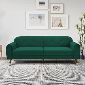 KoiHome Velvet Lovetseat Wood Legs, Sleeper Couch with Handrail, 2-Seater Sofa, Upholstered Loveseat for Living, Bedroom,Office,Waiting Room, Mid-Century and Classic Design, Green