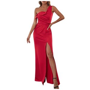 summer clothes for women, spring dress women's maxi dresses casual women's fashion solid color sexy one shoulder slit trailing dress evening gown vestido corto sin mangas (m, red)