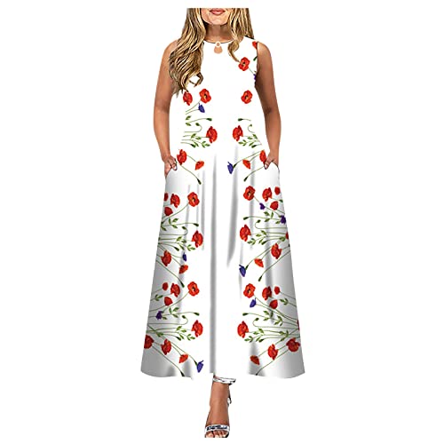 Bodycon Dresses for Women, Semi Formal Dresses Short Women Maxi Dress Large Women's Casual Printing Big Hem Dresswave Round Neck Sleeveless Long Dress Size 8 Dresses with Pockets (L, White)