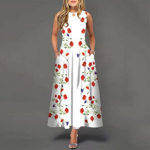 Bodycon Dresses for Women, Semi Formal Dresses Short Women Maxi Dress Large Women's Casual Printing Big Hem Dresswave Round Neck Sleeveless Long Dress Size 8 Dresses with Pockets (L, White)