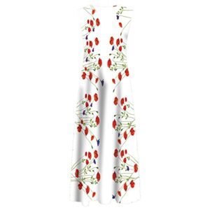 Bodycon Dresses for Women, Semi Formal Dresses Short Women Maxi Dress Large Women's Casual Printing Big Hem Dresswave Round Neck Sleeveless Long Dress Size 8 Dresses with Pockets (L, White)