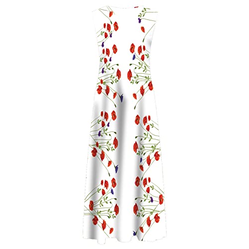 Bodycon Dresses for Women, Semi Formal Dresses Short Women Maxi Dress Large Women's Casual Printing Big Hem Dresswave Round Neck Sleeveless Long Dress Size 8 Dresses with Pockets (L, White)