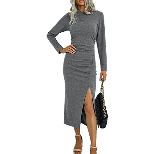 Long Sleeve Black Dress, Spring Dresses for Women Cruises Women's Wedding Dresses Guest Fall Women's Casual Solid Round Neck Slim Split Temperament Dress Dresses Slimming Dress (XXL, Light Gray)