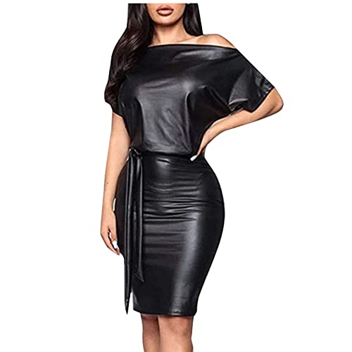 Western Clothes for Women, Maxi Dresses V Neck Dress Tall Summer Dresses Women, Women's Fashion Dress Elastic Leather One Neck Belt Dress 2023 Dresses Maxi Flirty Fitted Dress Sun (M, Black)