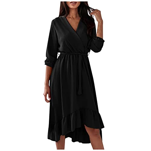 Summer Dress, Floral Dresses Vacation Dress Knee Length for Women, Women's Fashionable Elegant Solid Color V-Neck Ruffle Long Sleeve Dress Bodycon Woman Dresses Wrap Dress Fitted (S, Black)