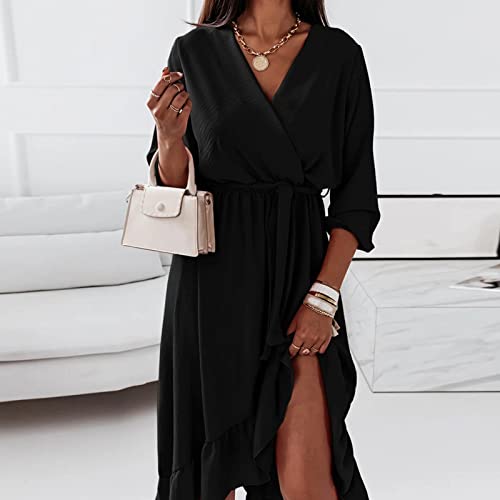 Summer Dress, Floral Dresses Vacation Dress Knee Length for Women, Women's Fashionable Elegant Solid Color V-Neck Ruffle Long Sleeve Dress Bodycon Woman Dresses Wrap Dress Fitted (S, Black)